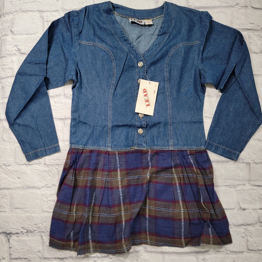 Tunic Top Dress sz Large Pleated Plaid Flannel Denim Jean Vintage Style 90's Y2K